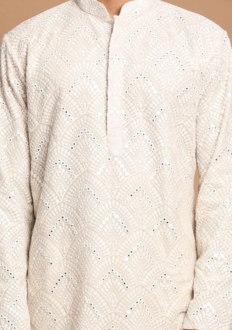 Grey Ethnic Motifs Poly Blend Kurta Set For Men