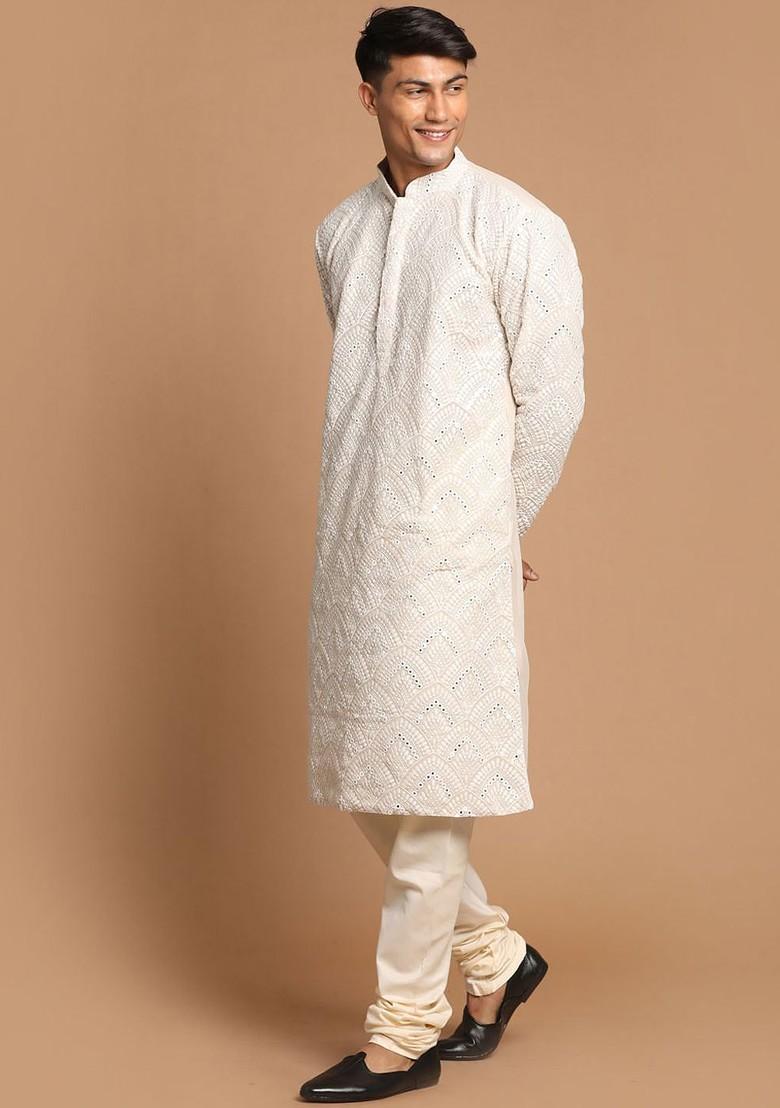 Grey Ethnic Motifs Poly Blend Kurta Set For Men
