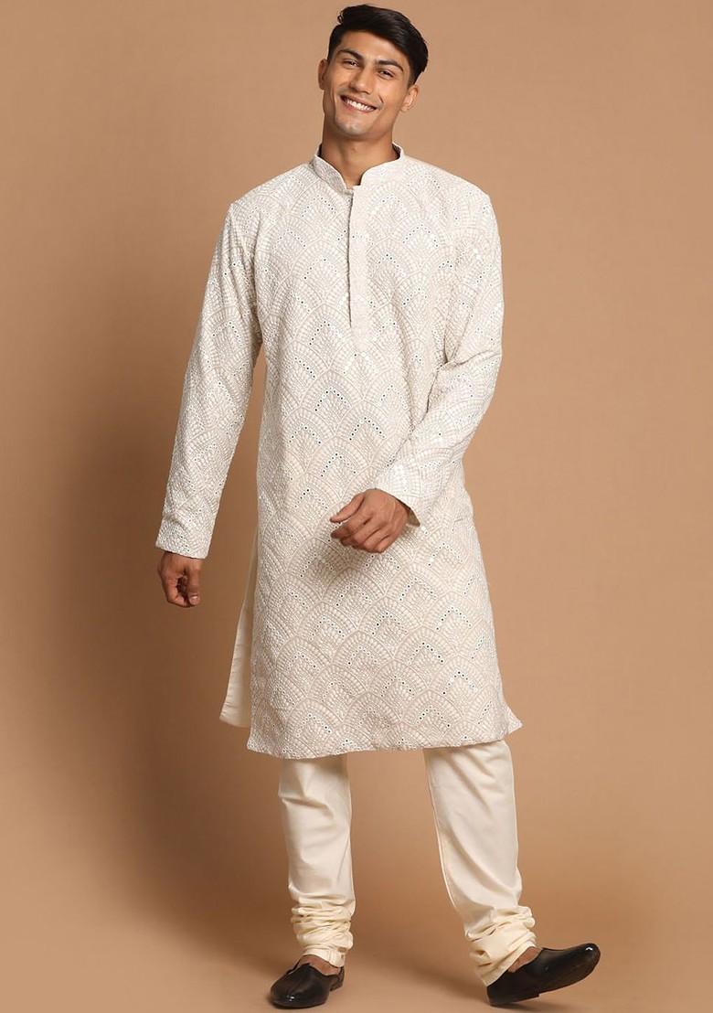 Grey Ethnic Motifs Poly Blend Kurta Set For Men