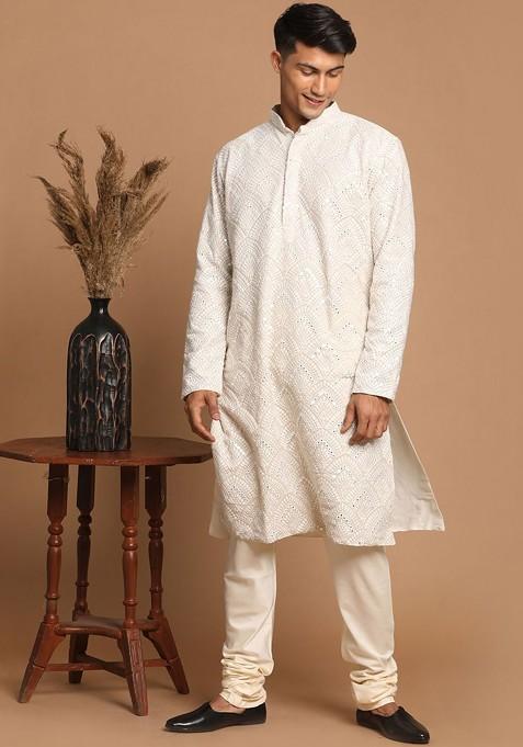 Grey Ethnic Motifs Poly Blend Kurta Set For Men