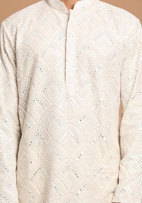 Grey Ethnic Motifs Poly Blend Kurta Set For Men