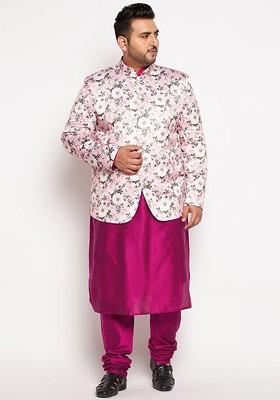 Fuchsia Pink Floral Print Poly Blend Kurta Set For Men