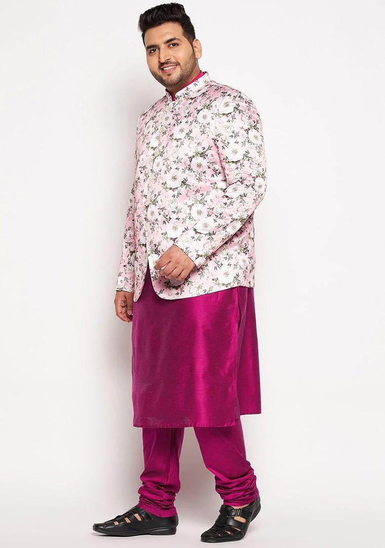 Fuchsia Pink Floral Print Poly Blend Kurta Set For Men