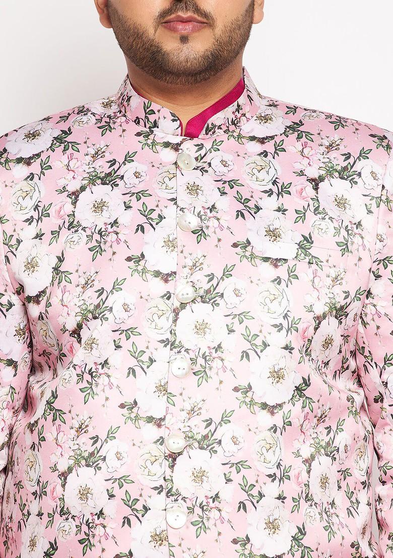 Fuchsia Pink Floral Print Poly Blend Kurta Set For Men