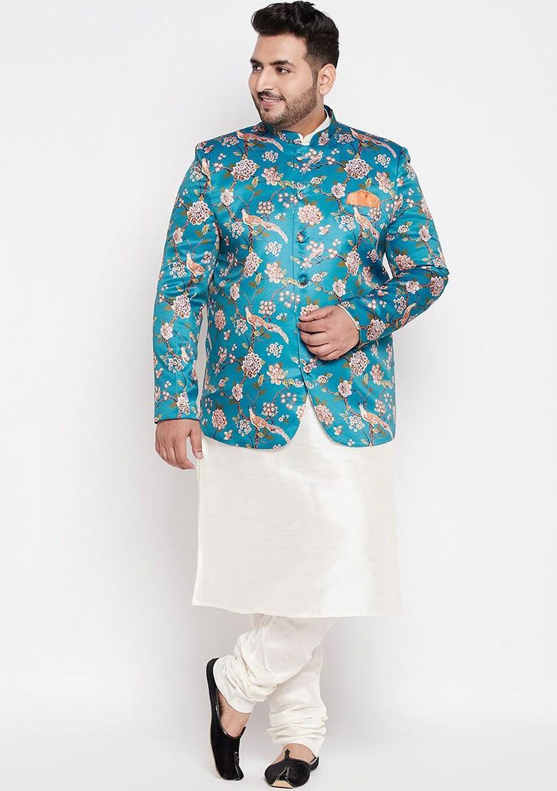 Cream Floral Print Poly Blend Kurta Set For Men