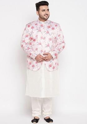 Cream Floral Print Poly Blend Kurta Set For Men