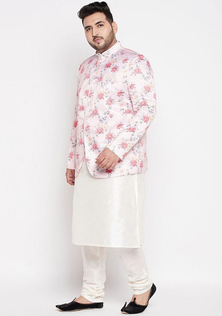 Cream Floral Print Poly Blend Kurta Set For Men