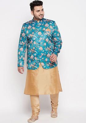 Rose Gold Floral Print Poly Blend Kurta Set For Men