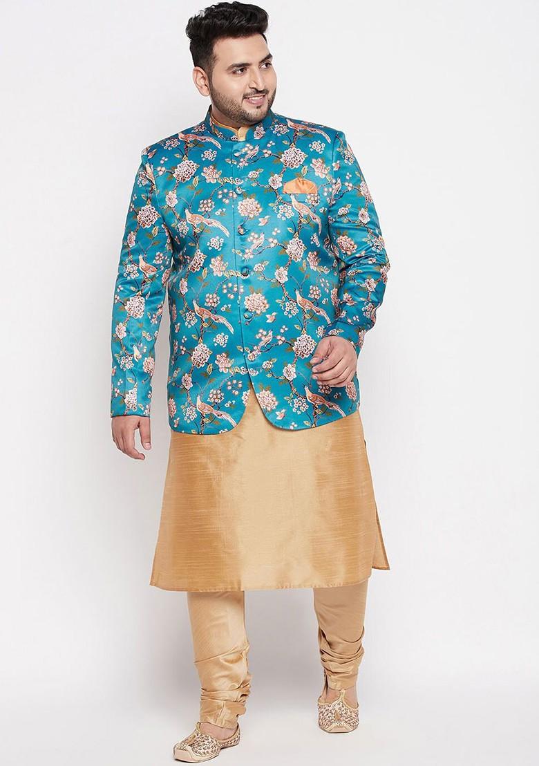 Rose Gold Floral Print Poly Blend Kurta Set For Men
