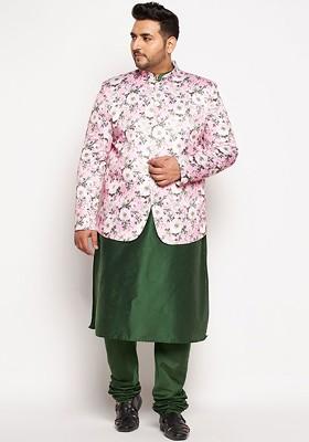 Green Floral Print Poly Blend Kurta Set For Men