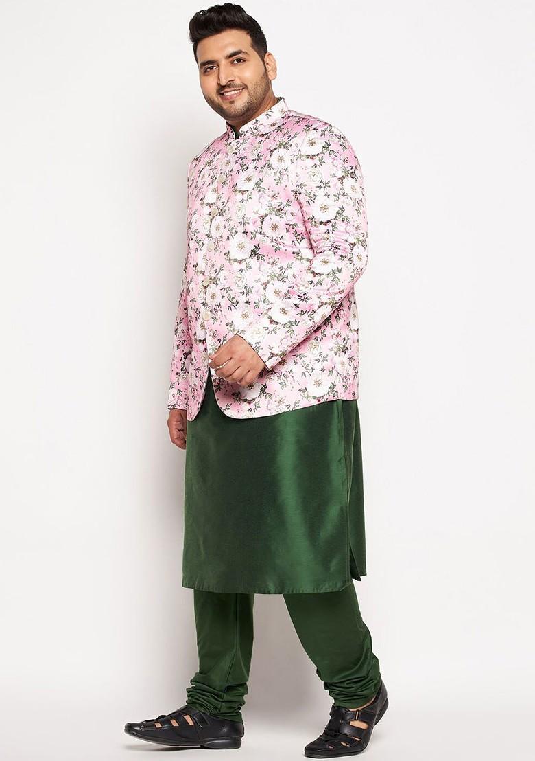 Green Floral Print Poly Blend Kurta Set For Men