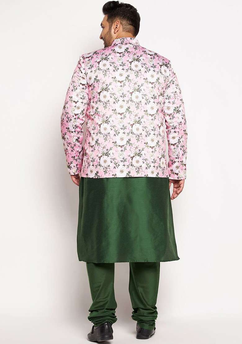 Green Floral Print Poly Blend Kurta Set For Men - Indya