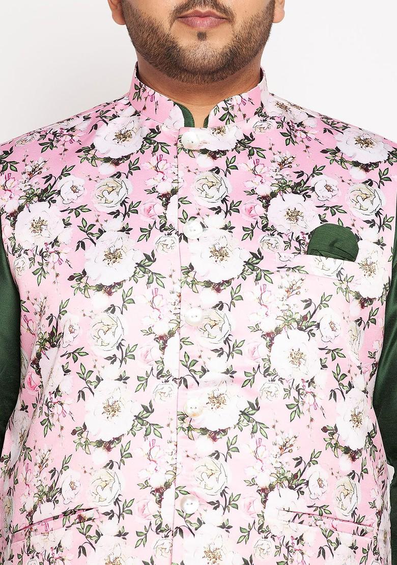 Green Floral Print Poly Blend Kurta Set For Men