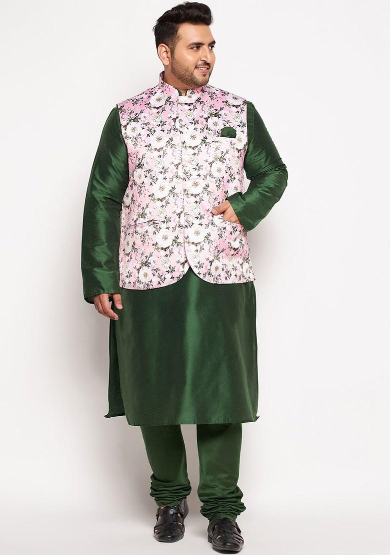 Green Floral Print Poly Blend Kurta Set For Men