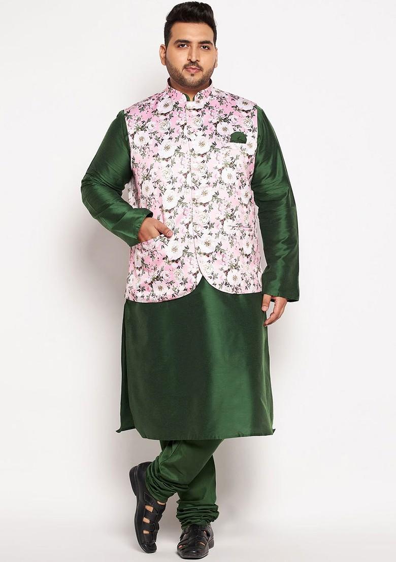 Green Floral Print Poly Blend Kurta Set For Men