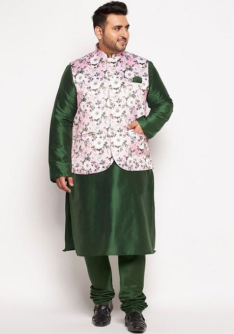 Green Floral Print Poly Blend Kurta Set For Men