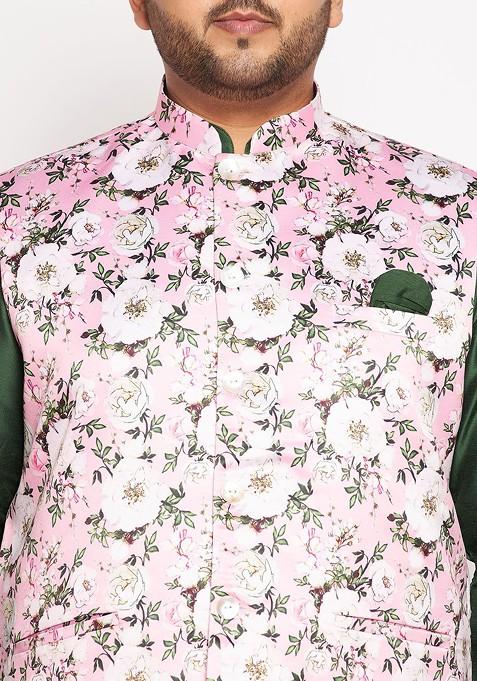 Green Floral Print Poly Blend Kurta Set For Men