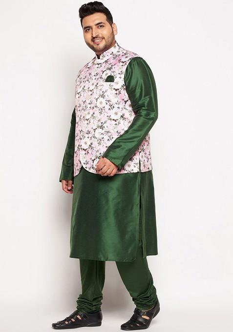 Green Floral Print Poly Blend Kurta Set For Men