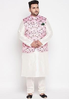 Cream Floral Print Poly Blend Kurta Set For Men