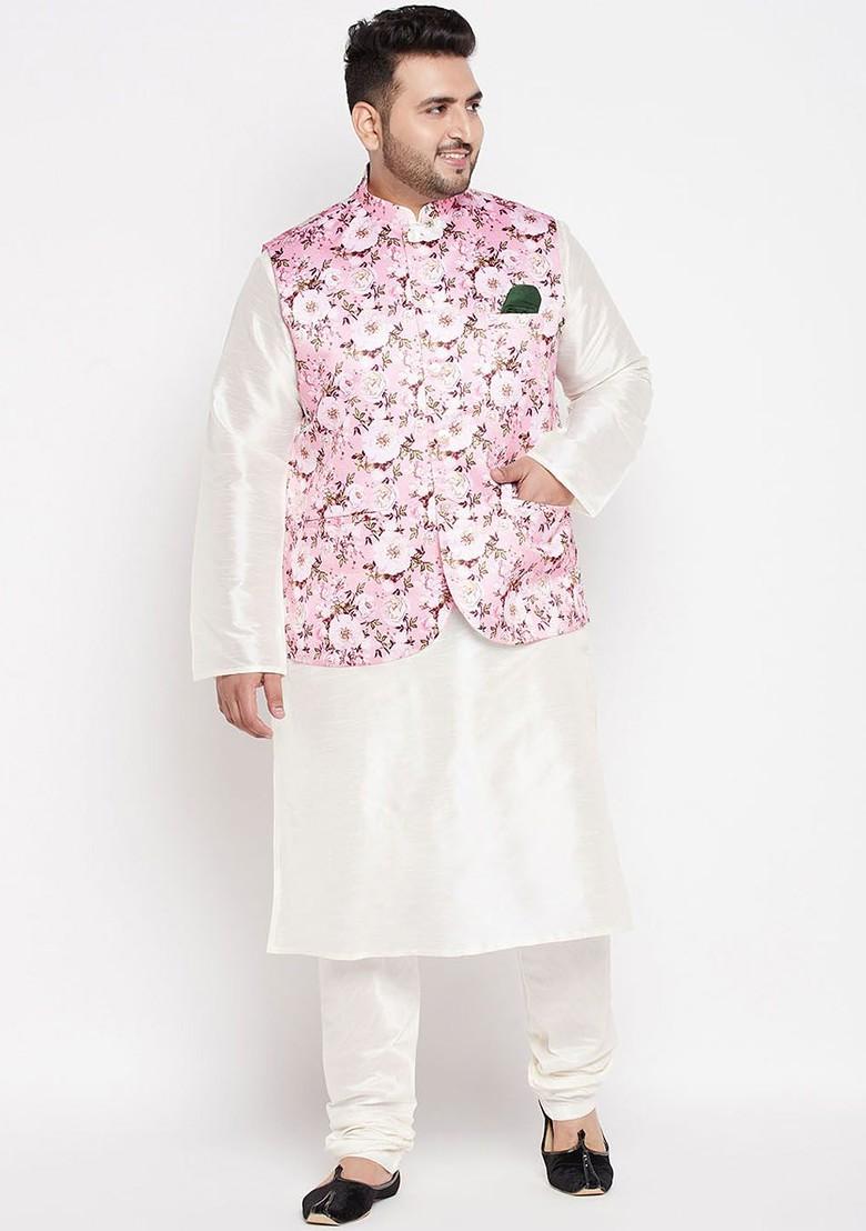 Cream Floral Print Poly Blend Kurta Set For Men