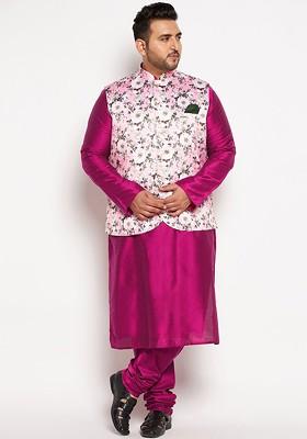 Fuchsia Pink Floral Print Poly Blend Kurta Set For Men
