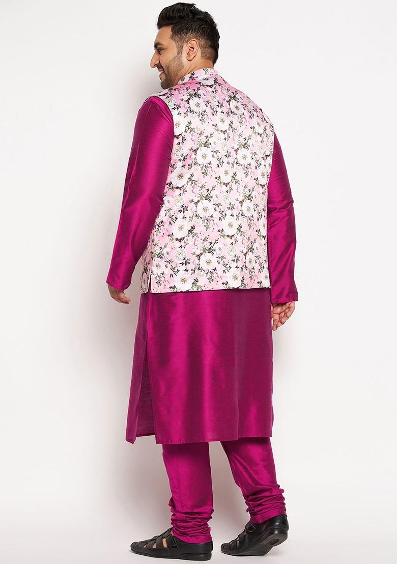 Fuchsia Pink Floral Print Poly Blend Kurta Set For Men
