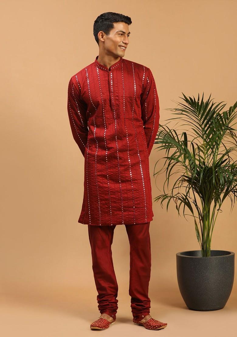 Maroon Embroidered Poly Blend Kurta Set For Men
