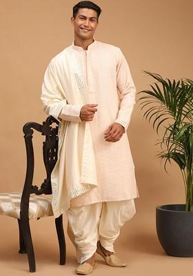 Pink Embroidered Poly Blend Kurta Set For Men