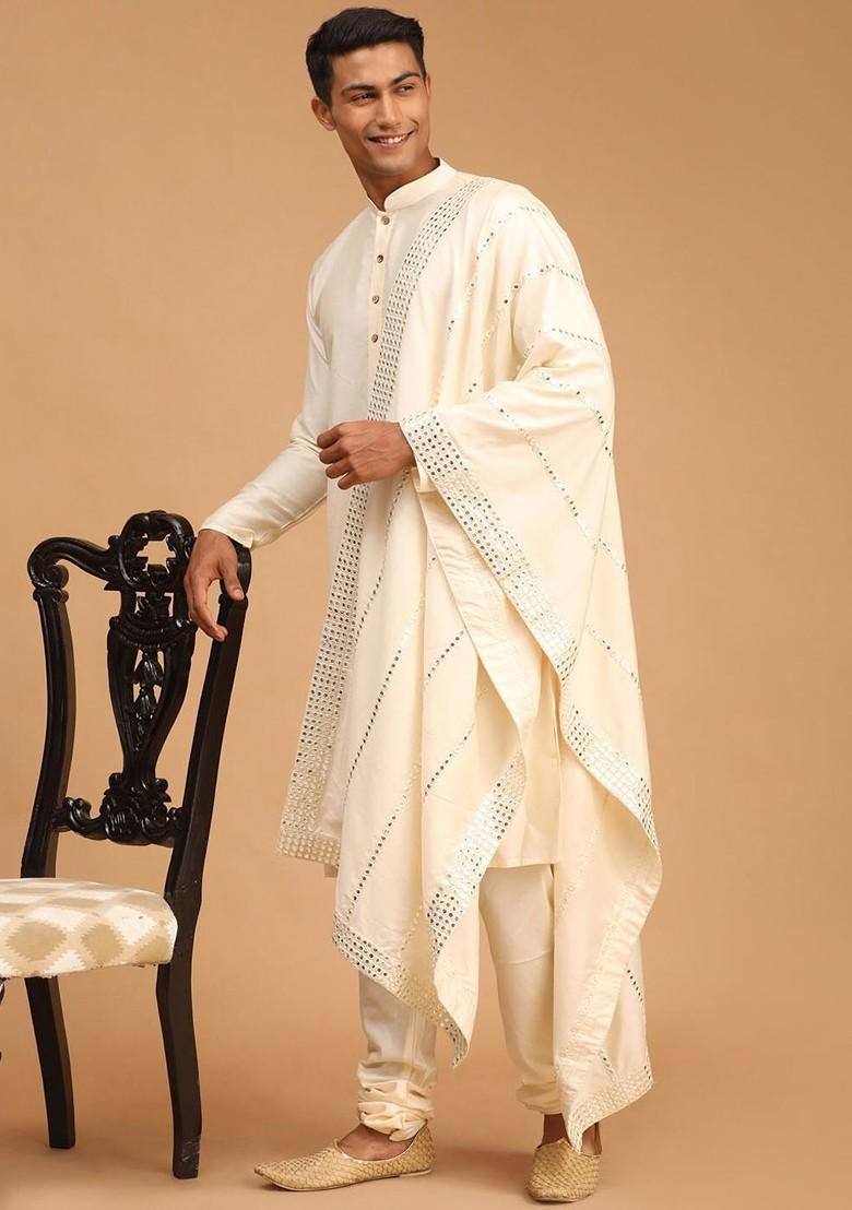 Cream Mirror Work Poly Blend Kurta Set For Men