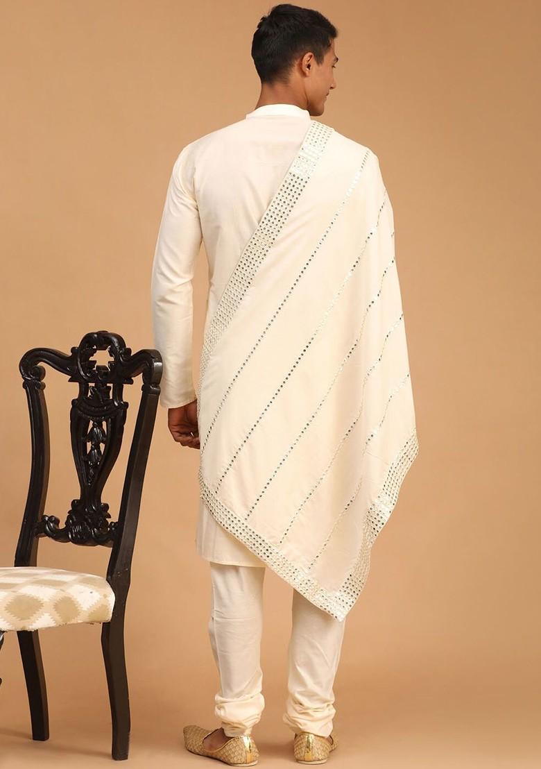 Cream Mirror Work Poly Blend Kurta Set For Men