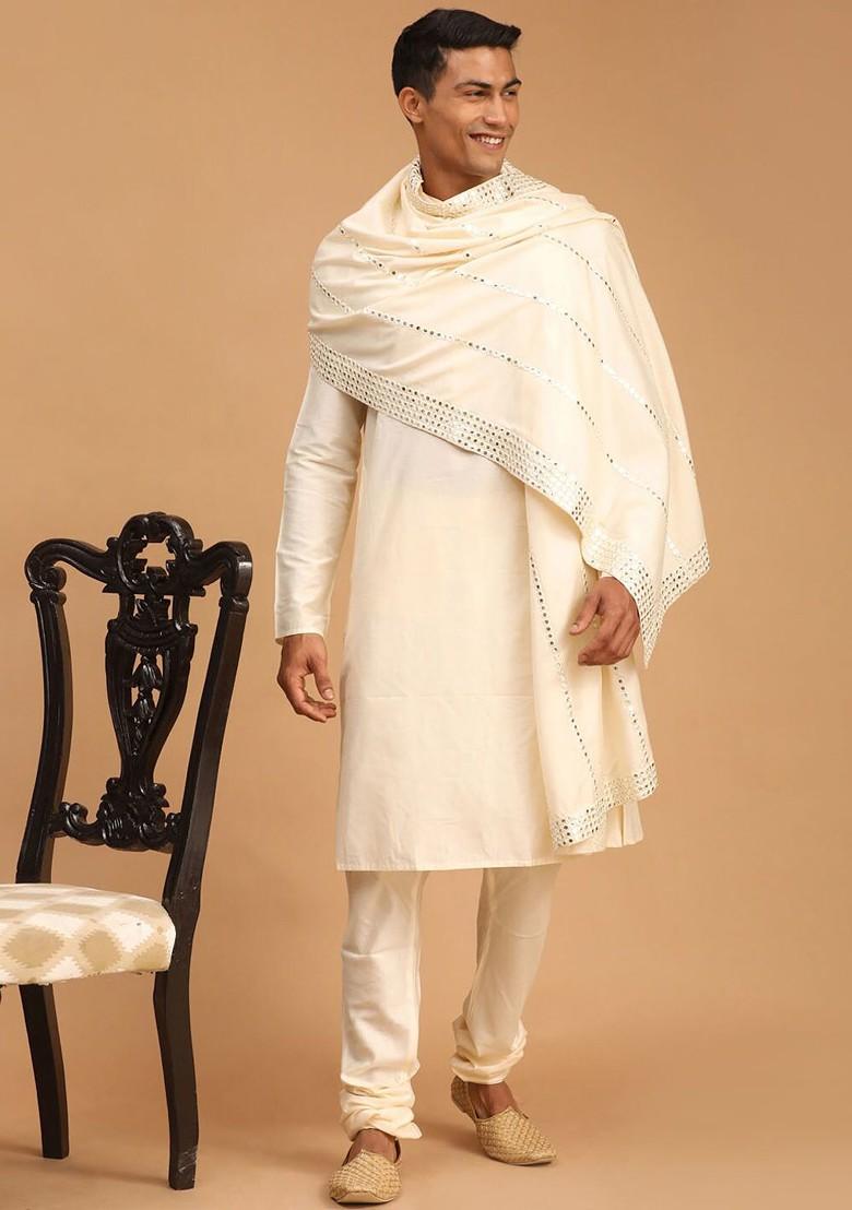 Cream Mirror Work Poly Blend Kurta Set For Men
