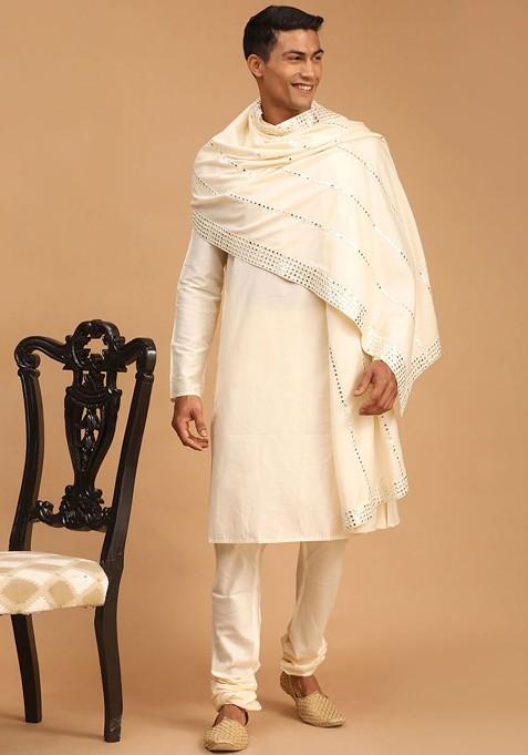 Cream Mirror Work Poly Blend Kurta Set For Men