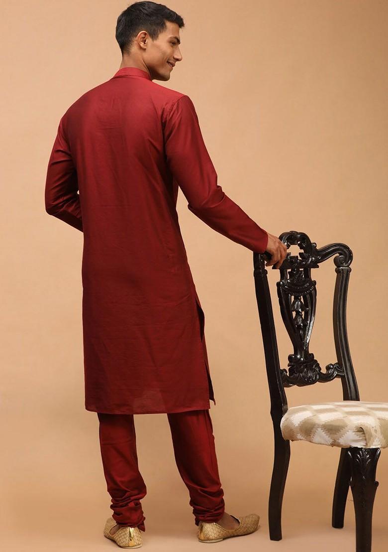 Maroon Solid Poly Blend Kurta Set For Men