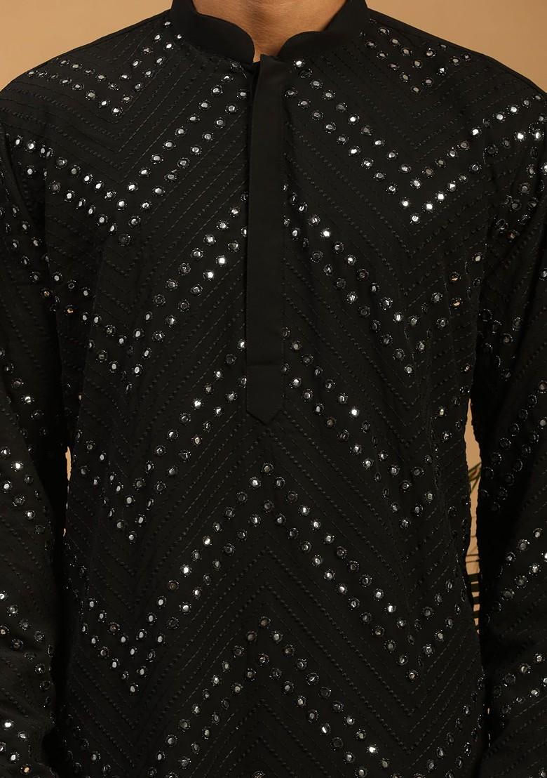 Black Embroidered Poly Blend Kurta Set For Men
