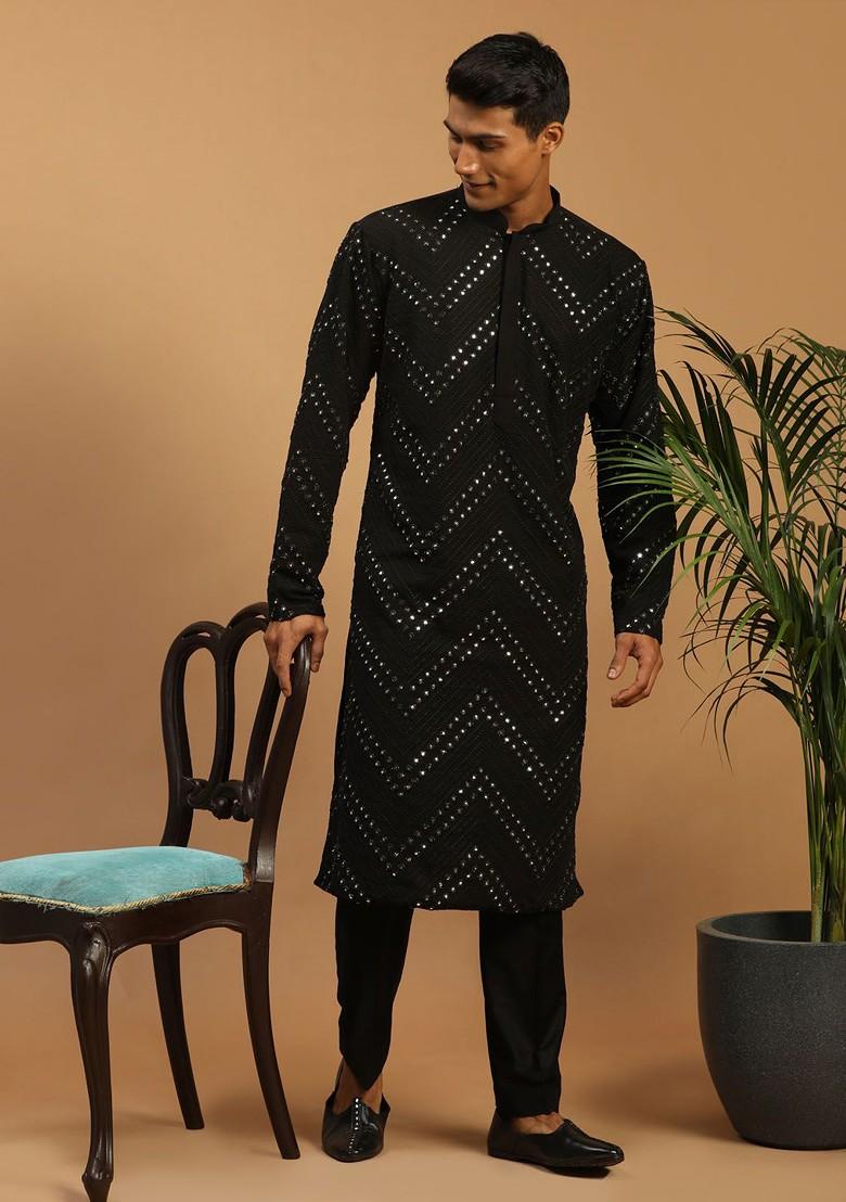 Black Embroidered Poly Blend Kurta Set For Men