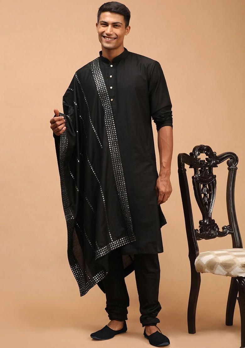 Black Mirror Work Poly Blend Kurta Set For Men