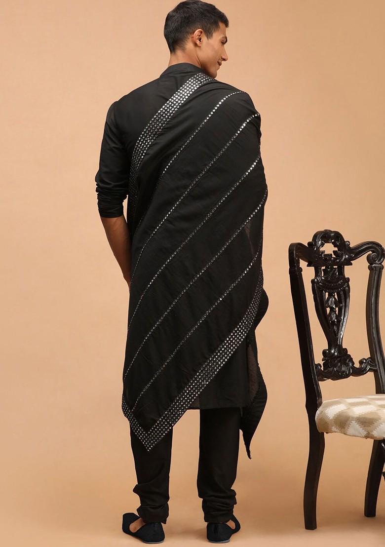 Black Mirror Work Poly Blend Kurta Set For Men