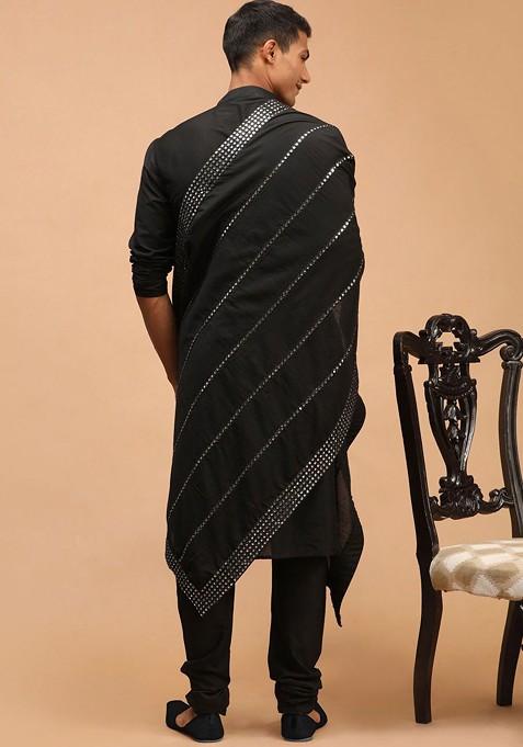 Black Mirror Work Poly Blend Kurta Set For Men