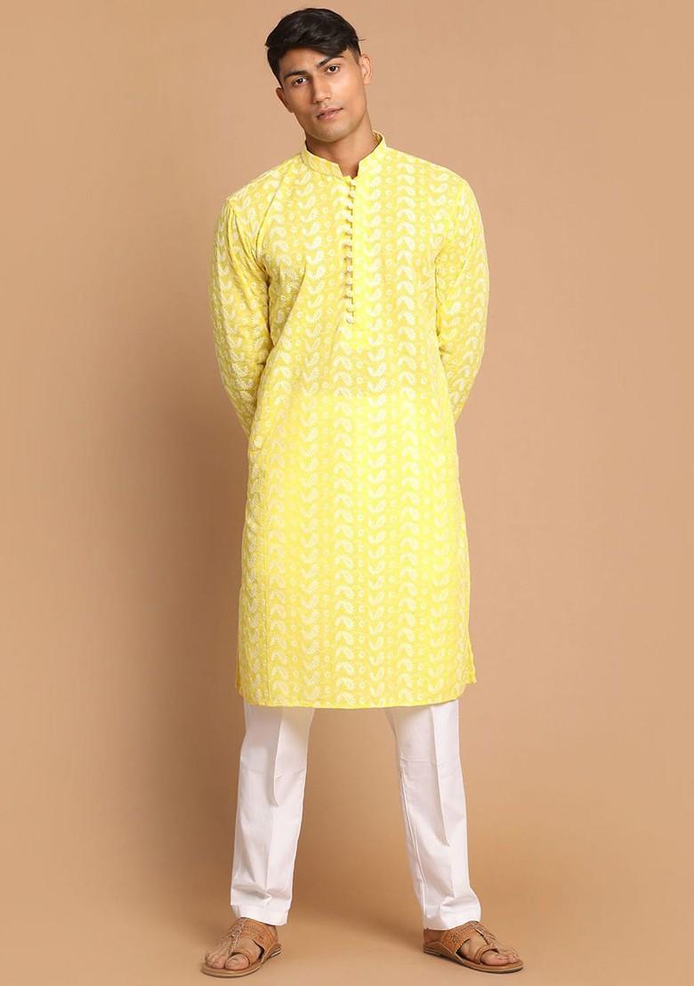 Mustard Ethnic Motifs Cotton Kurta Set For Men