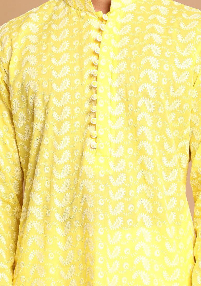 Mustard Ethnic Motifs Cotton Kurta Set For Men
