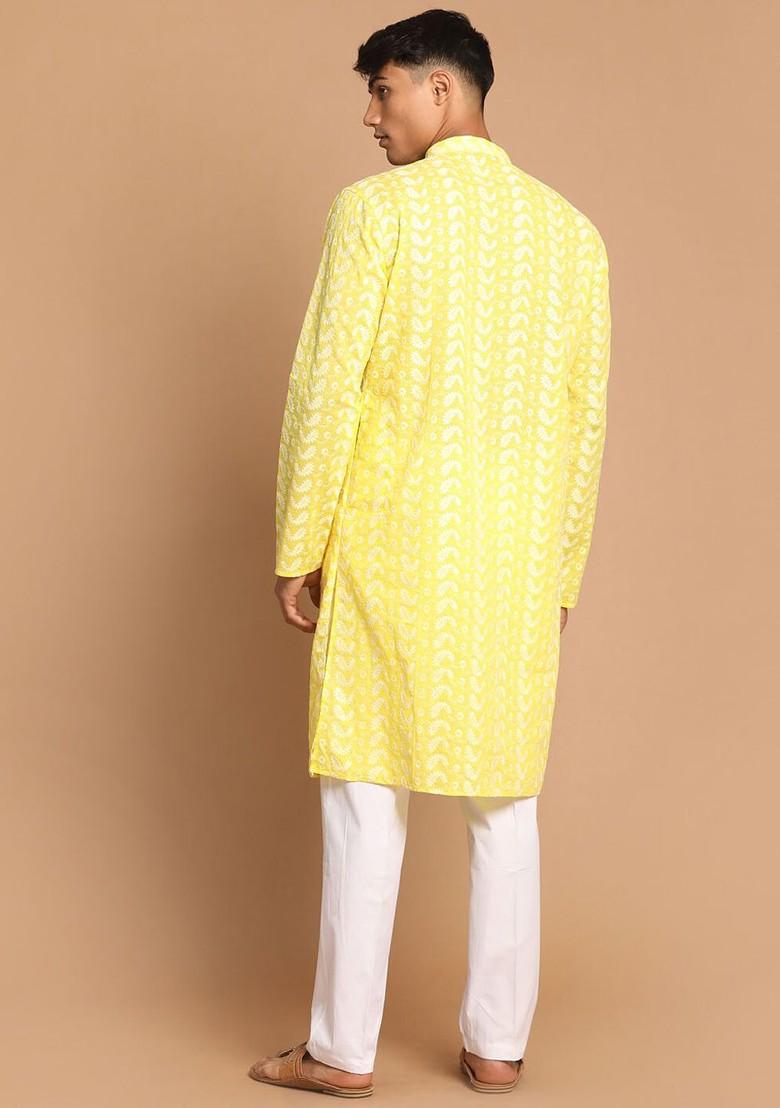 Mustard Ethnic Motifs Cotton Kurta Set For Men