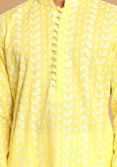 Mustard Ethnic Motifs Cotton Kurta Set For Men