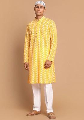 Orange Ethnic Motifs Cotton Kurta Set For Men