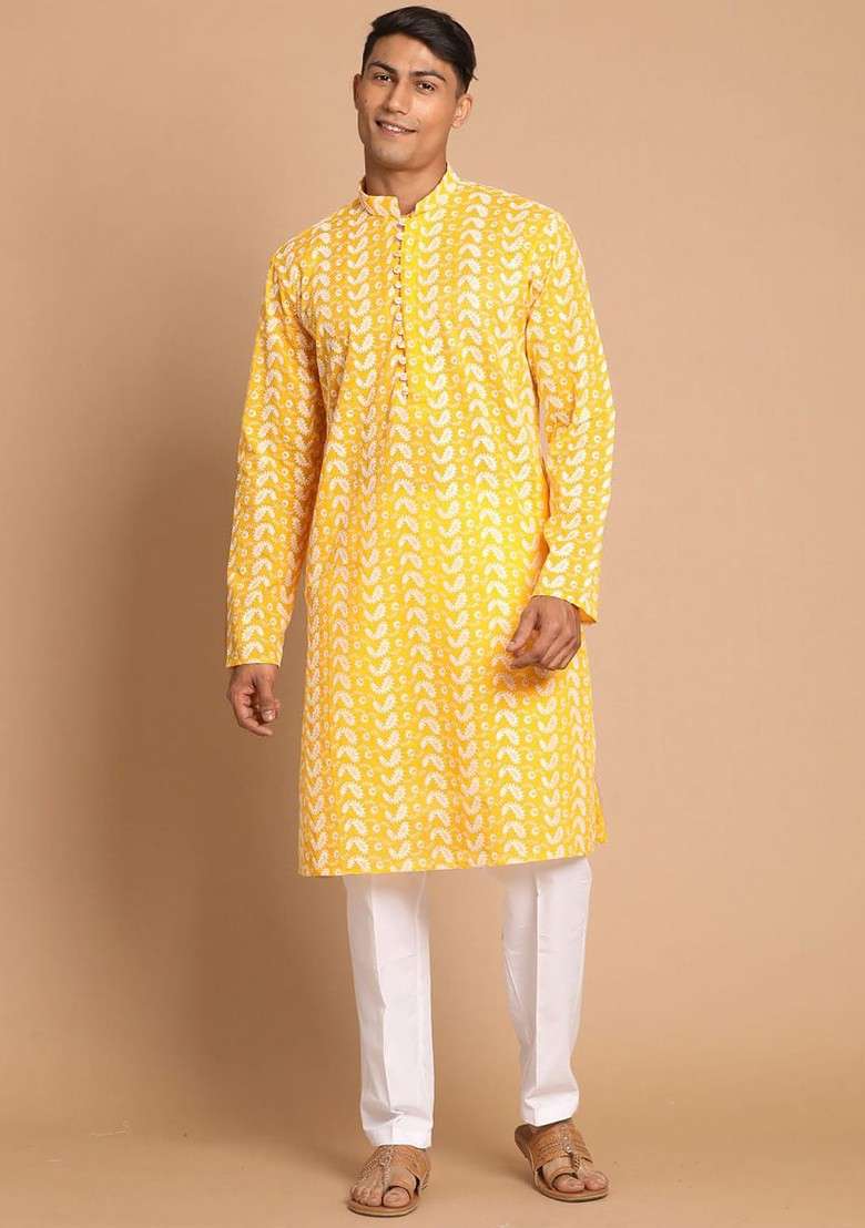 Orange Printed Cotton Kurta Set For Men - Indya
