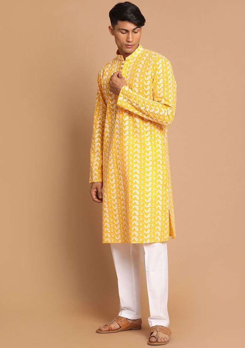 Orange Printed Cotton Kurta Set For Men - Indya