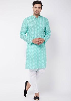 Green Embroidered Cotton Kurta Set For Men