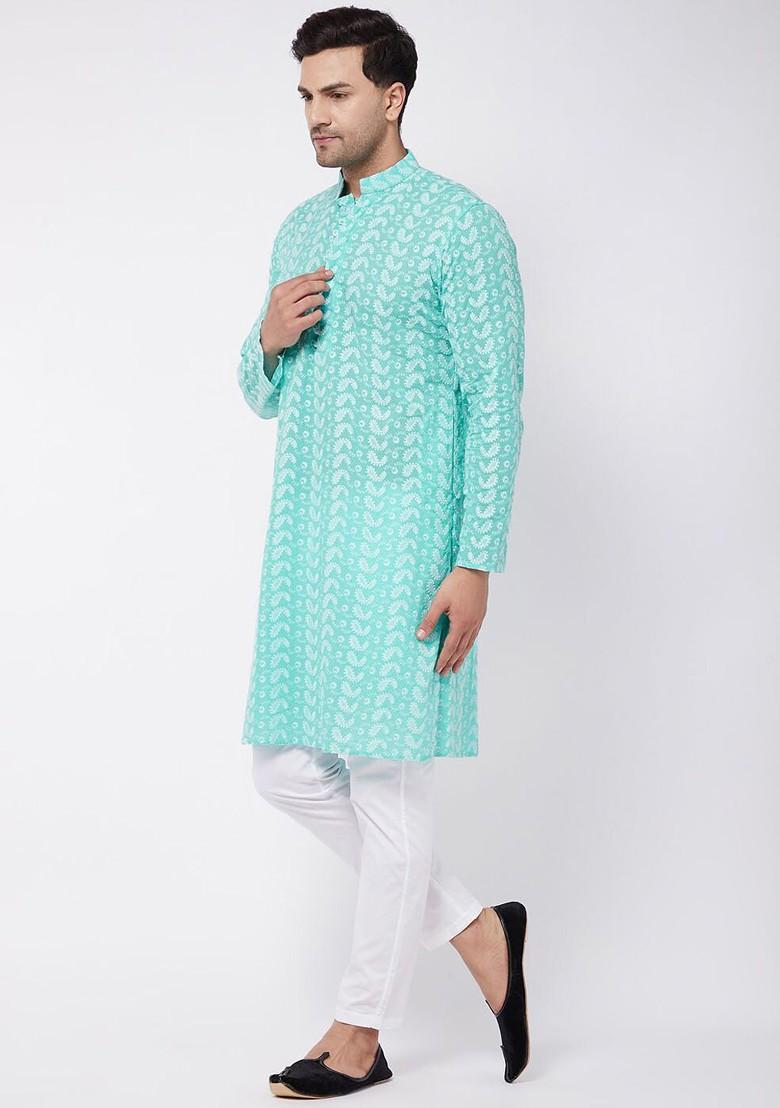 Green Embroidered Cotton Kurta Set For Men