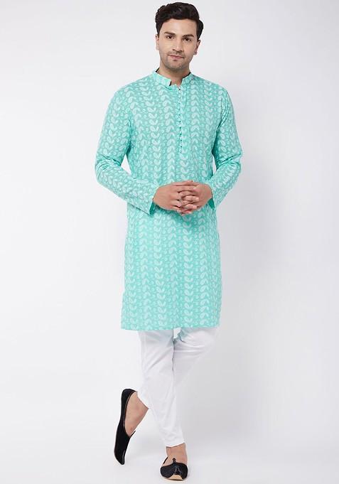 Green Embroidered Cotton Kurta Set For Men