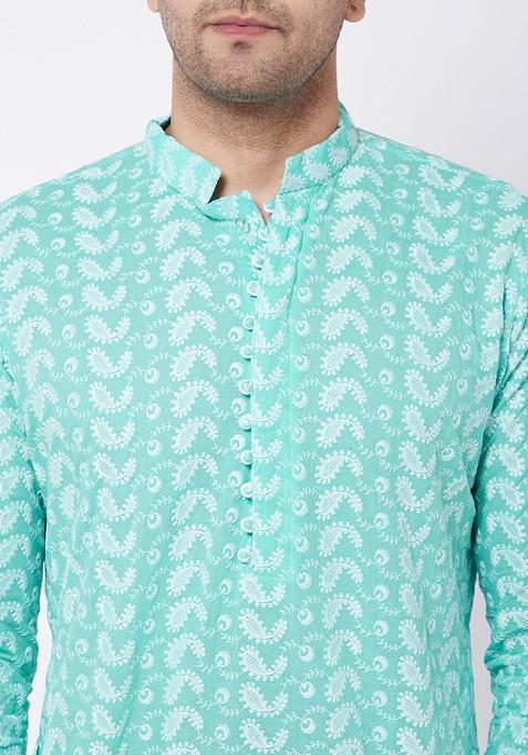 Green Embroidered Cotton Kurta Set For Men