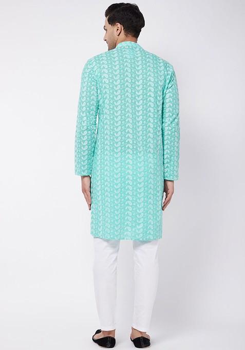 Green Embroidered Cotton Kurta Set For Men